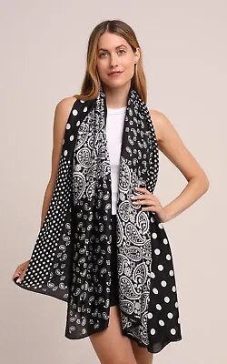 100% Silk Scarf In Black And White Paisley And Polka Dots Print • £15