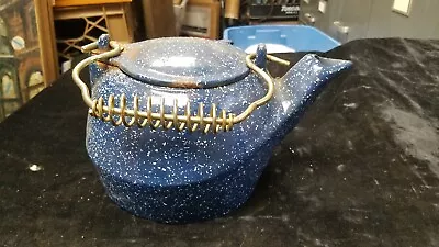 $14.99 • Buy Vintage Blue Speckled Enamel Over Cast Iron Tea Pot Kettle W/ Sliding Lid