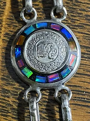 ‘80s Mayan Calendar Sterling Silver Cut Glass Bracelet Toggle Closure 8” • $90