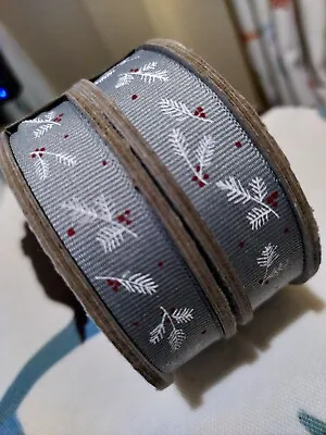 East Of India Grey Red And White Ribbon - Holly / Christmas Theme - 3m Roll • £5