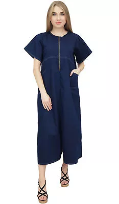 Bimba Women's Denim Short Sleeve Casual Dress Dark Blue Round Neck Dresses • $37.39