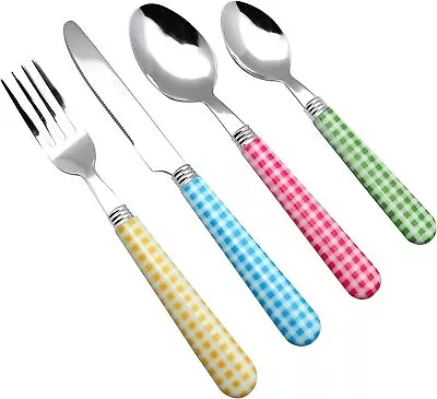 Cutlery Set 24pcs - Stainless Steel Gingham Check Handles Mixed Color • £16.95