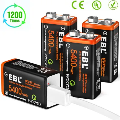 9V 9 Volt Li-ion USB Rechargeable Batteries 5400mWh Lithium Ion Battery Pack Lot • $9.99