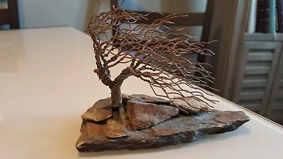 VINTAGE ASIAN WIRE ART BONSAI TREE Mounted On Stone SCULPTURE Signed • $95