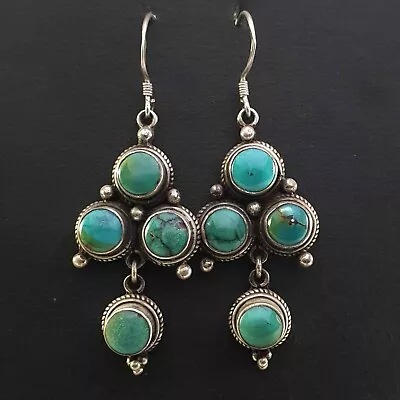 925 Sterling Silver Real Turquoise Stone Nepal Tibetan Earrings Antique Ethnic • $194