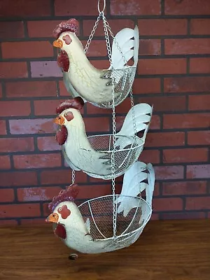 Vintage Chicken Metal Wire 3 Tier Hanging Fruit Vegetable Basket Kitchen Storage • $59.88