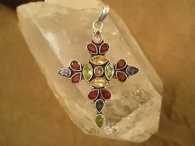 Multi Gemstone Sterling Silver Cross Statement Pendant • $47.99