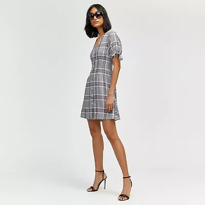 New Warehouse Grey Check Tie Sleeve Button Front Tea Dress Smart Summer Look Uk • £42