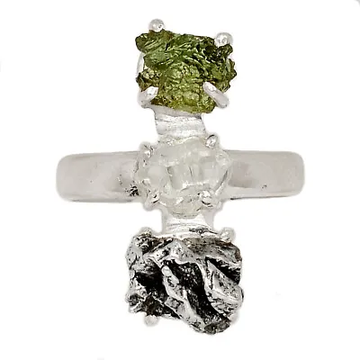 Natural Meteorite Campo Del Cielo & Moldavite 925 Silver Ring S.7.5 CR38344 • $18.99