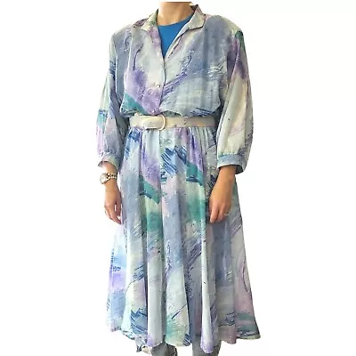 Vintage 80s Pastel Watercolor Belted Secretary Dress Popover Purple Teal Midi LG • $39.99