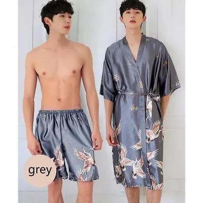 2x Men Kimono Bathrobe Pajamas Set Sleepwear Gown Shorts Faux Silk Satin Crane • $37.59