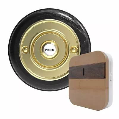 Traditional Round Wireless Doorbell In Black Ash And Brass • $139.17