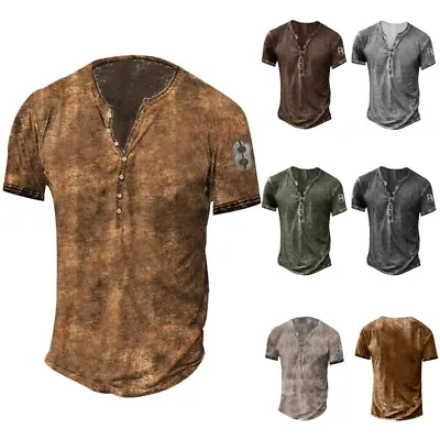 $26.99 • Buy Mens Vintage Henley Button V Neck Tops Casual Short Sleeve Pullover T Shirts