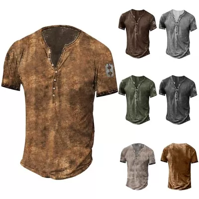 $26.99 • Buy Mens Vintage Henley Button V Neck Tops Casual Short Sleeve Pullover T Shirts