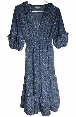 Max Studio Crepe Tiered Maxi Dress Women's Size S Blue Smocked Elbow Sleeve Boho • $15