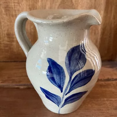 Williamsburg Pottery Stoneware Pitcher Salt Glazed Blue Leaf On Speckled Tan • $8