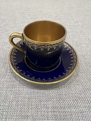 Vintage Limoges Demitasse Gold Cobalt Porcelain  Coffee Cup 1.9” & Sauser 3.5” • $20