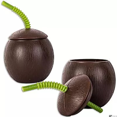 2 Pack Luau Coconut Shape Resuable 18 Oz. Party Cups W Straw Brown • £12.51