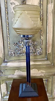 Vintage Art Deco Table Desk Lamp Chrome Stem Glass Globe Shade Original • $309.59