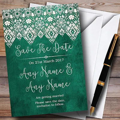 Teal Green Old Paper & Lace Effect Personalised Wedding Save The Date Cards • £9.99