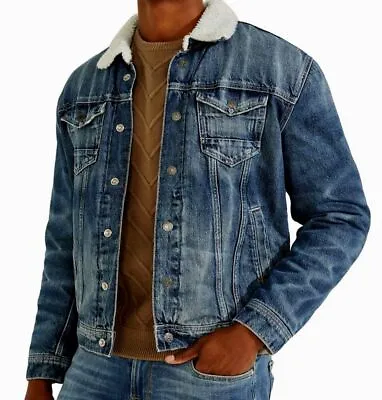 $168 Guess Men's Blue Eco Gale Stone Washed Denim Jean Coat Jacket Size M • $53.98