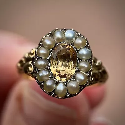 £950 • Buy 15CT Gold Antique Georgian Chased Imperial Golden Topaz And Seed Pearl Ring