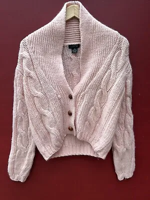 J Crew Fisherman Sweater M Pink Cable Knit Cardigan Cropped Wool V Neck Chunky • $39.60