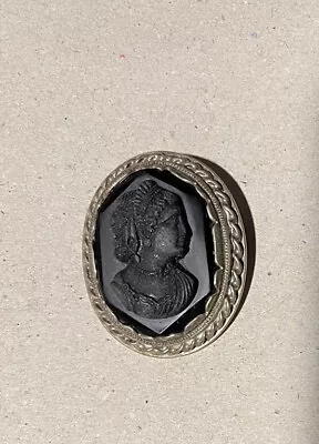 Victorian Jet Black Vulcanite Vintage Sterling Cameo Mourning Brooch • $102