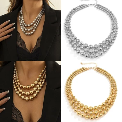 £6.99 • Buy Chunky Beads Layered Multi Strands Statement Collar Beaded Necklace Silver Gold