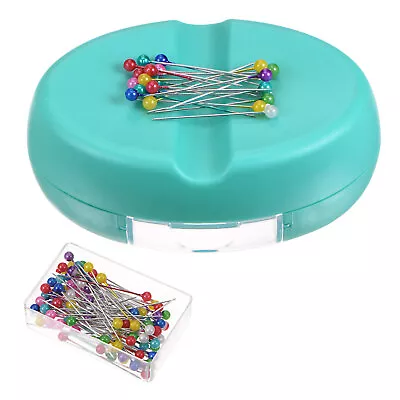 Magnetic Pin Cushion With 100pcs Plastic Head Pins With Drawer Light Blue • $14.05