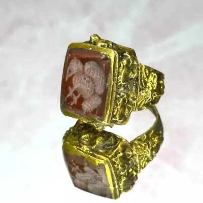 Antique Brown  Intaglio Bird Egyptian Engraved Bronze Signet Roman Ring • $49.40