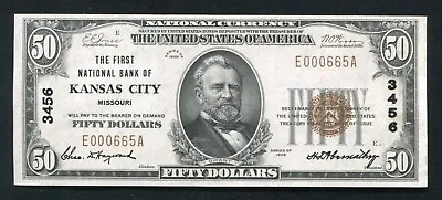 1929 $50 First National Bank Of Kansas City Mo National Currency Ch. #3456 Au • $699.95