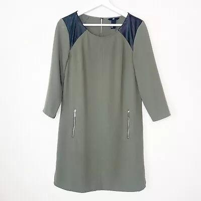 H&M Olive Green Shift Dress Faux Leather Shoulders 8 • $20