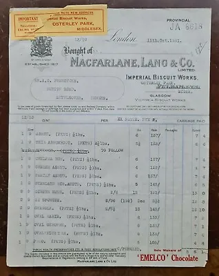 1931 Macfarlane Lang & Co. Imperial Biscuit Works Osterley Park Middx Invoice • $6.21