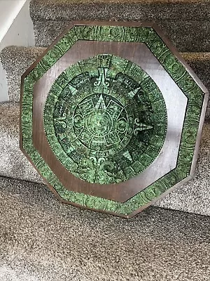 Vintage Aztec Mayan Calendar Sun Dial Malachite Green Chip Stone Wall Plaque 17  • $160