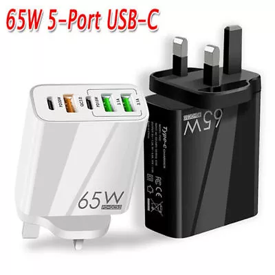 5 Port 65W GaN Charger USB-C PD Type C UK Plug Fast Wall Charger Power Adapter • £5.99