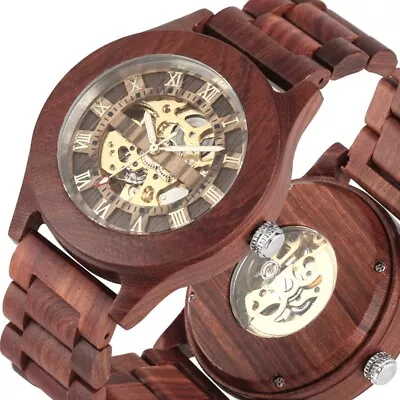 Men's Luxury Red Wood Watch Mechanical Self Winding Wooden Automatic Watches • $60.49