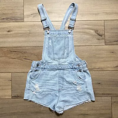 Divided H&M Womens Denim Overall Romper Shorts Distressed Size 8 Blue Light Wash • $20