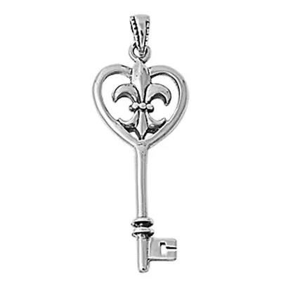 Fleur De Lis Vintage Skeleton Key Pendant .925 Sterling Silver Charm • $14.59