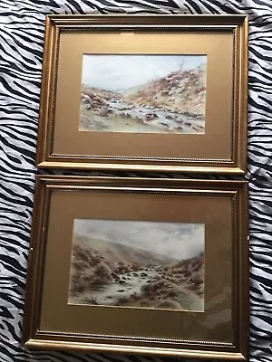 Antique Vintage Pair Gilt Framed Original Watercolour Paintings Dartmoor Devon • £89