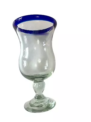 Mexican Hand Blown Hurricane Glass Cobalt Blue Rim Cocktail 7  Tall Barware • $12.99