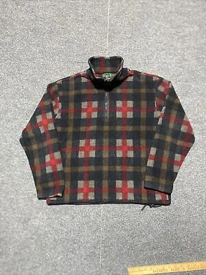 Vintage 1990s J.Crew Men's Large Half Zip Pullover Fleece Gray Red Plaid • $34.99