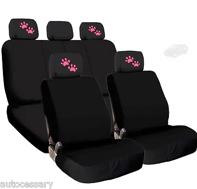 For Mazda New 4X Pink Paws Logo Headrest And Black Fabric Seat Covers  • $37.69