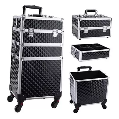  3 In 1 Rolling Makeup Train Case Professional Cosmetic Trolley Black Vintage • $143.02