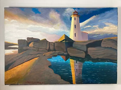 Vintage Original Oil Canvas Painting -Lighthouse Beach Brilliant Sky -Signed • $75