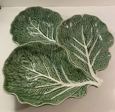 VTG Bordalo Pinheiro Green Cabbage Large 3 Leaf Pottery Platter From Portugal • $33