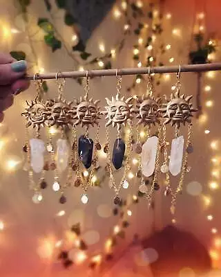 $3.10 • Buy Sun Goddess Quartz Charm Brass Earrings Star Moon Boho Hippie Bohemian Celestial