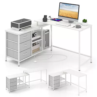 L-shaped Corner Computer Desk W/ Power Outlet Office Drawers Metal Mesh Shelves • $157.95