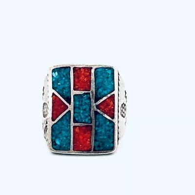 Vintage 1980s Sterling Silver Navajo Men's Ring Crushed Turquoise & Coral Inlay • $65