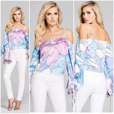 🦋🦋 Nwt Guess By Marciano Fluid Floral Open-shoulder Blouse Size S 🦋🦋 • $69.74